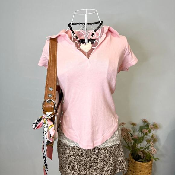 NWT Cute vintage y2k pink tight short sleeve v neck polo baby tee - Picture 3 of 6